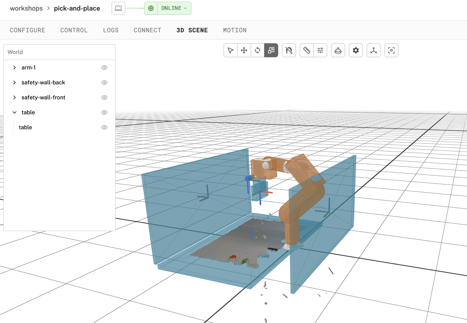 The 3D scene showing the table and safety-wall obstacle boxes around the arm.